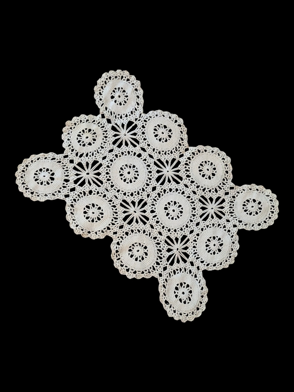 50s Handmade Ecru* Crocheted Lace Rectangular Geometric Starburst Table Doily